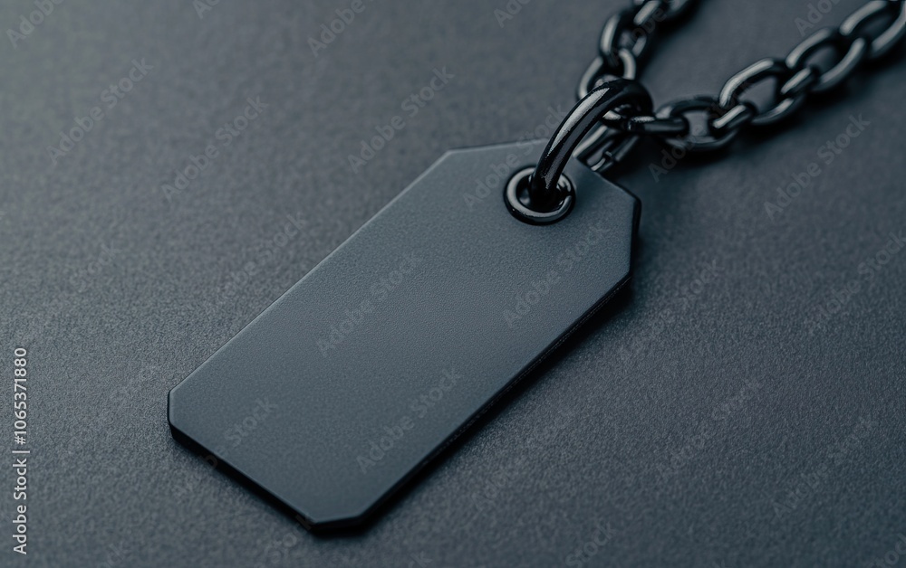 Fototapeta premium A black tag hanging from a chain on a dark surface, highlighting its sleek and minimalistic design.