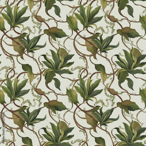 Tropical leaf and vine seamless pattern in green tones

 photo