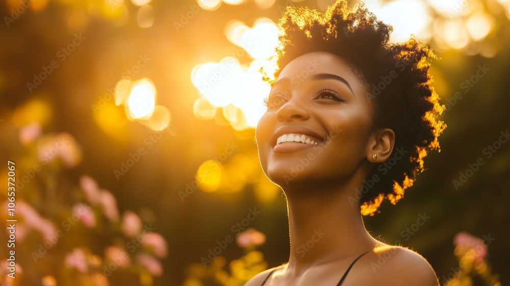Fototapeta premium A Young Woman Enjoying a Sunny Afternoon Surrounded by Blooming Flowers in a Joyful Moment