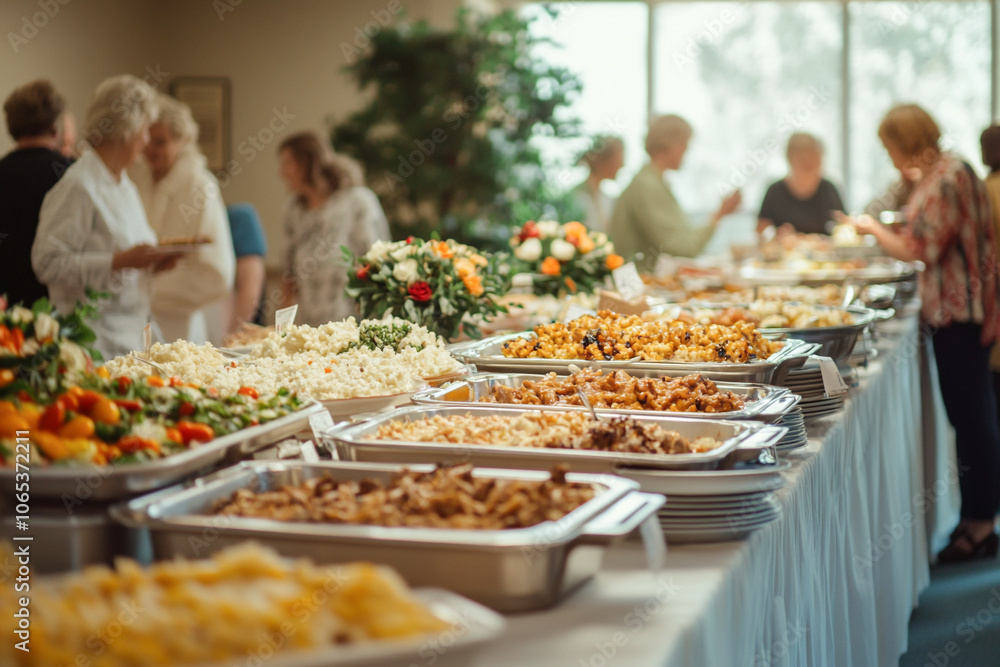Church Potluck Gathering with Shared Dishes, congregation enjoying a family-style meal, community fellowship in the church hall.