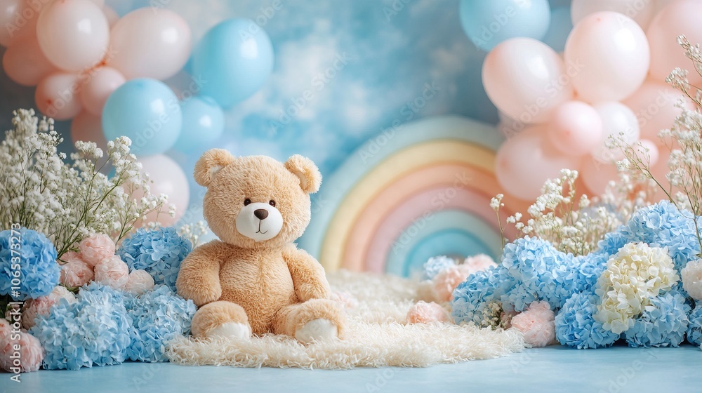 A soft teddy bear sits among pastel balloons and flowers, framed by a vibrant rainbow backdrop, creating a whimsical and cheerful atmosphere. A soft teddy bear sits among pastel balloons and flowers, framed by a vibrant rainbow backdrop, creating a whimsical and cheerful atmosphere.