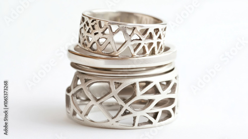 Stack of silver rings with geometric designs. minimalist and elegant look