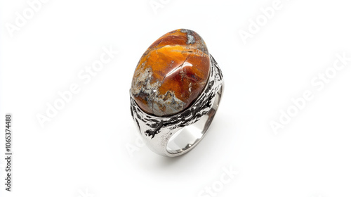 unique silver ring with an oval natural stone, showcasing intricate details and warm, earthy feel