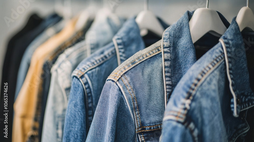 row of vintage denim jackets hang on hangers in closet