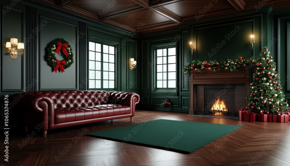 Fototapeta premium Cozy Christmas Decor Ideas Green and Red Plaid Festive Holiday Style with a Traditional Touch Christmas Living Room Inspiration Warm and Inviting Decor