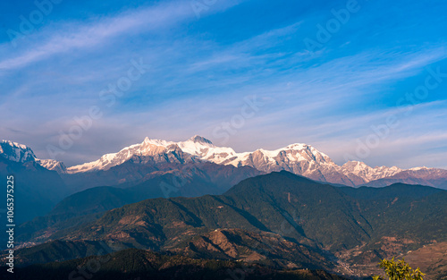 landscape view of shining Mount Annapurna range in Nepal. photo