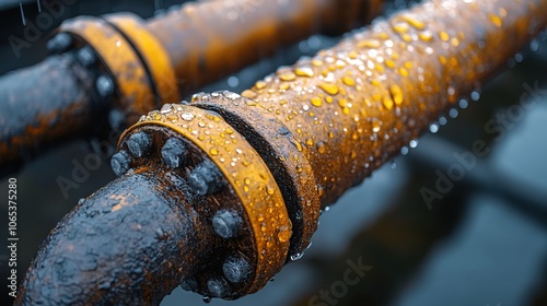 Close-up of wet metal pipe with water droplets photo