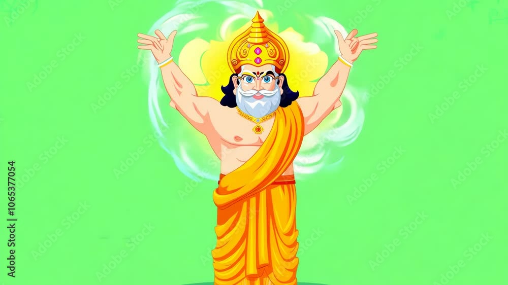 Cartoon Wizard in Orange Robe with Magic Green Background