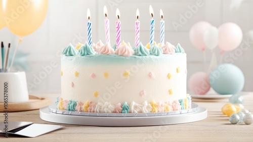 Colorful Decorated Birthday Cake with Candles photo