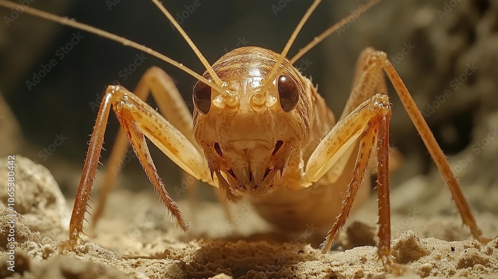 Naklejka premium Close-up of a brown cricket with large eyes and long antennae.