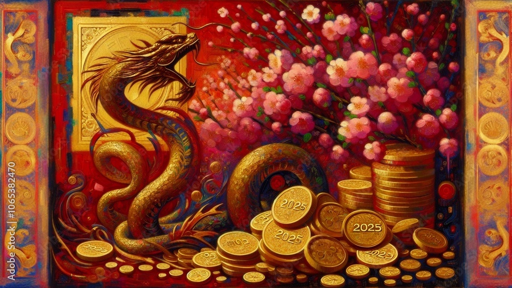 Fototapeta premium Illustration with symbols specific to the Chinese New Year 2025