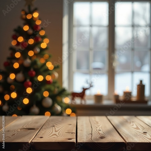 The empty wooden table top with blur background of Christmas with window 