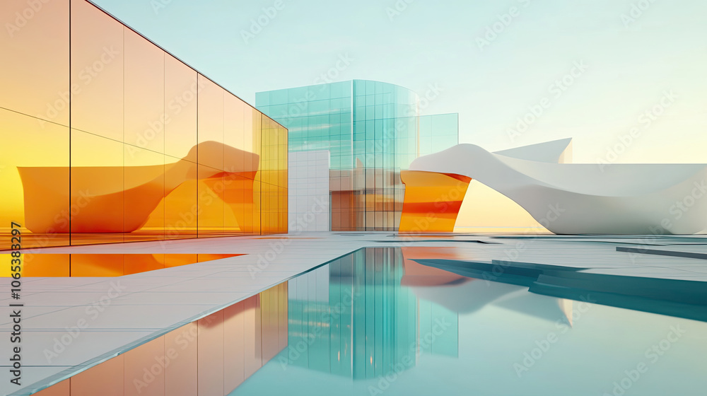 Fototapeta premium Futuristisches Architekturdesign aus 2D Elementen und 3D Elementen, mit schwebenden geometrischen Formen und dynamischer Beleuchtung