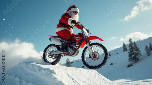 Santa Claus in a red hat and sunglasses rides a mountain bike in the mountainous area, sport concept Mountain bike