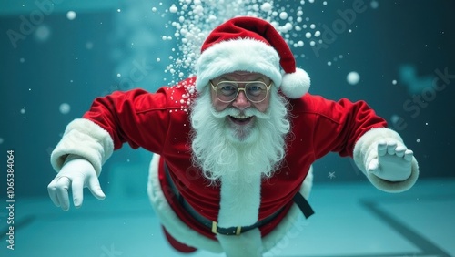 Santa Claus with glasses and a white beard swims in a pool underwater