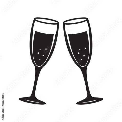 a drink glass of champagne silhouette vector, black and white silhouette, vector and illustration