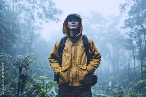 Malay male ranger patrolling at foggy dense forest for conservation