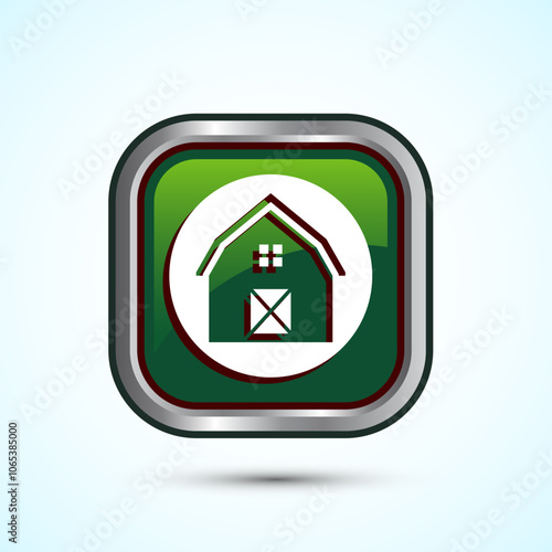 Farming Barn Icon Design Illustration, Farm and Agriculture Barn Sign, Green Color Square Button Design