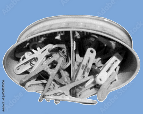 close up pile of clothespin pixelate grayscale color halftone dotted texture style collage element isolated on blue background