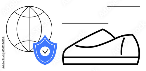 Shoe with shield and checkmark symbol beside a globe outline. Ideal for travel, global business, e-commerce, safety, security, quality assurance, and logistics themes. Line metaphor