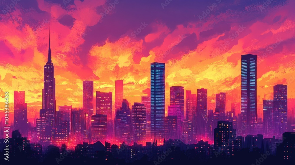 Fototapeta premium A vibrant urban skyline under a dramatic sunset glow, with skyscrapers silhouetted against a colorful sky