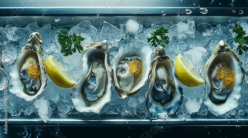 Fresh Oysters on Ice with Lemon Wedges and Caviar Garnish photo