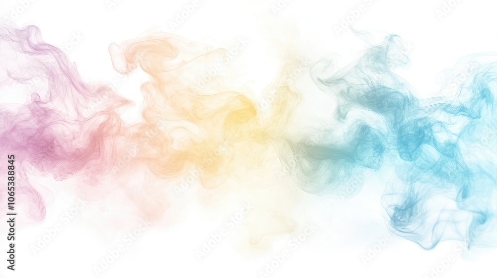 Fototapeta premium Artistic smoke in pastel shades, softly transitioning from pink to yellow to blue in a fluffy cloud pattern.