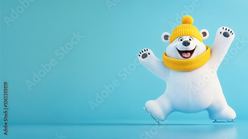 cute cartoon polar bear ice skating with yellow hat and scarf