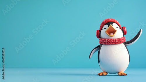cute cartoon penguin wearing red scarf and earmuffs on blue background