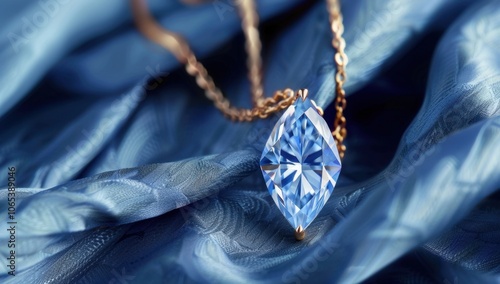Elegant blue marquise cut diamond pendant on rose gold and velvet