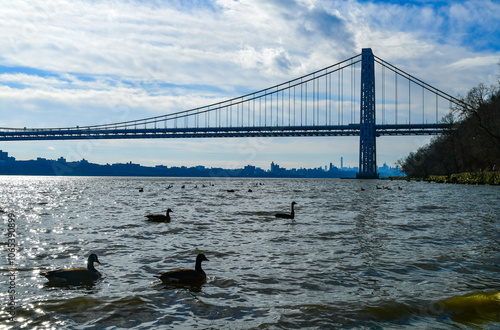 New York, New Jersey - January 29, 2017: view of the river and the metal George Washington Bridge, New York USA