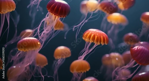 There are lots of colorful jellyfish in the ocean