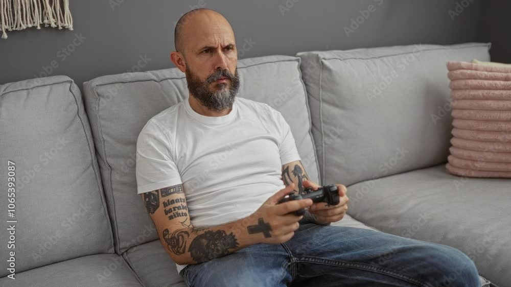 Man sitting on a sofa playing a video game with a focused expression, in a casual indoor home setting with a minimalist decor. Man sitting on a sofa playing a video game with a focused expression, in a casual indoor home setting with a minimalist decor.