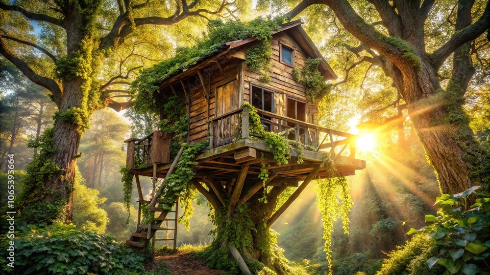Obraz premium A forgotten haven: An abandoned treehouse, captured through the lens of urban exploration.