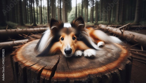 Collie chillt auf Baumstamm photo