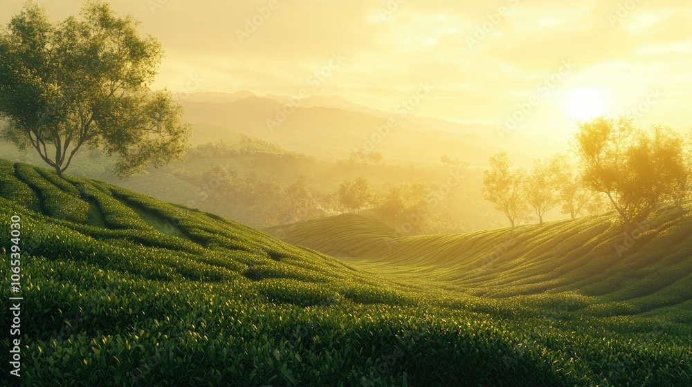 Obraz premium Early morning over green tea fields on hilly terrain, with dawn mist and golden light creating a serene view