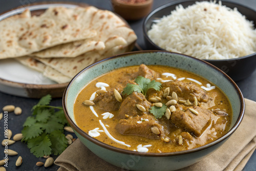 Indian chicken Korma with basmati rice close-up on the table. photo