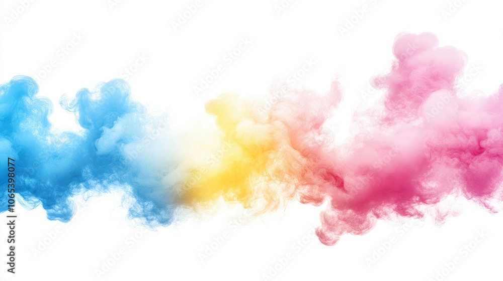 Fototapeta premium Light and airy pastel smoke clouds in pink, yellow, and blue, spreading softly against a white background.