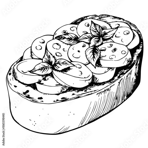 Bruschetta with Sliced Tomatoes and Basil in Sketch Style  