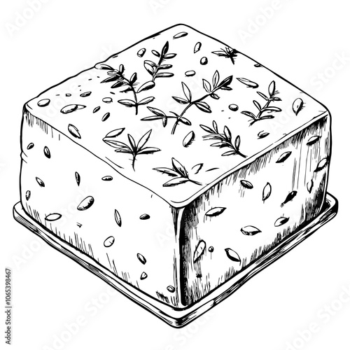 Tangy feta cheese with herbs on a wooden plate  