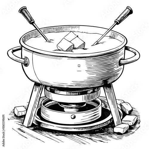 Cheese Fondue Pot with Forks on a Tabletop Stove  