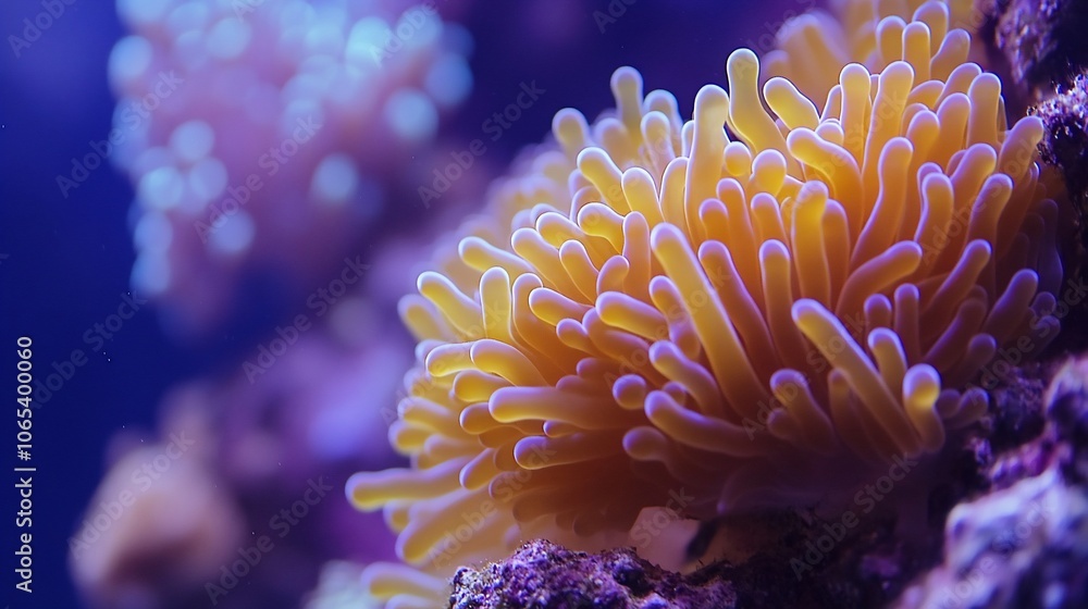 Obraz premium Close-up of a vibrant orange sea anemone with a blue background.