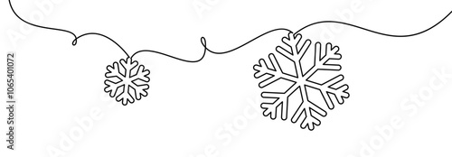 Vector illustration of two outlined snowflakes hanging on a continuous curved line. Minimalist winter-themed design.