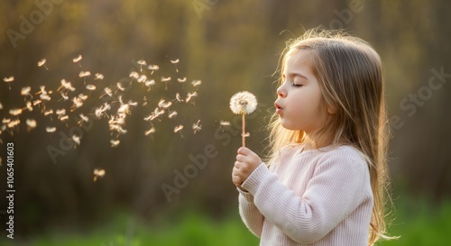 Little girl blowing dandelion in sunny field at sunset photo