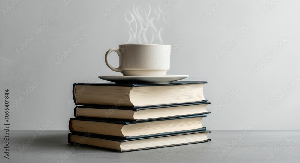 Naklejka premium Steaming coffee cup on stack of hardcover books