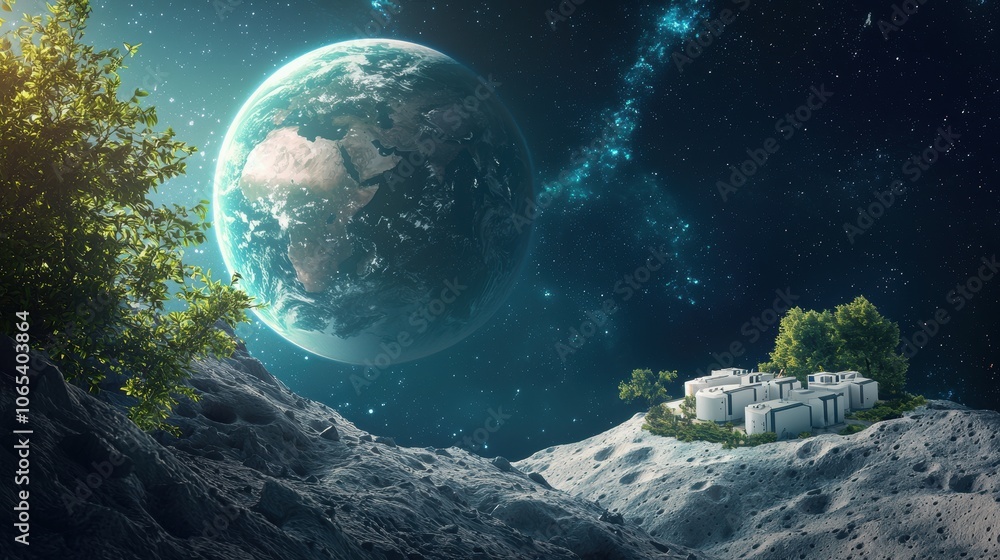 A lunar base with modular living spaces connected by tunnels, designed for human habitation and exploration on the moon surface. A lunar base with modular living spaces connected by tunnels, designed for human habitation and exploration on the moon surface.