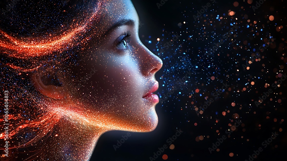 Woman with Sparkly Skin Blowing Light Particles. Woman with Sparkly Skin Blowing Light Particles.