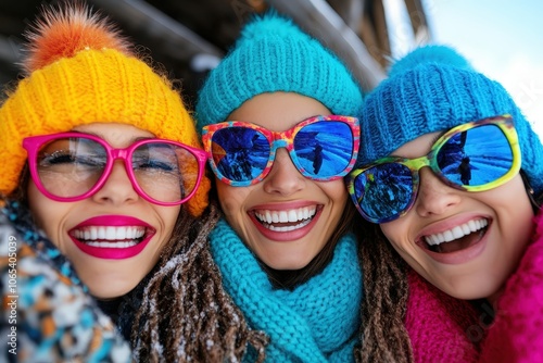 Three women in vivid winter attire, flaunting colorful hats, scarves, and oversized sunglasses, radiating joy and warmth as they enjoy a bright winter day. photo