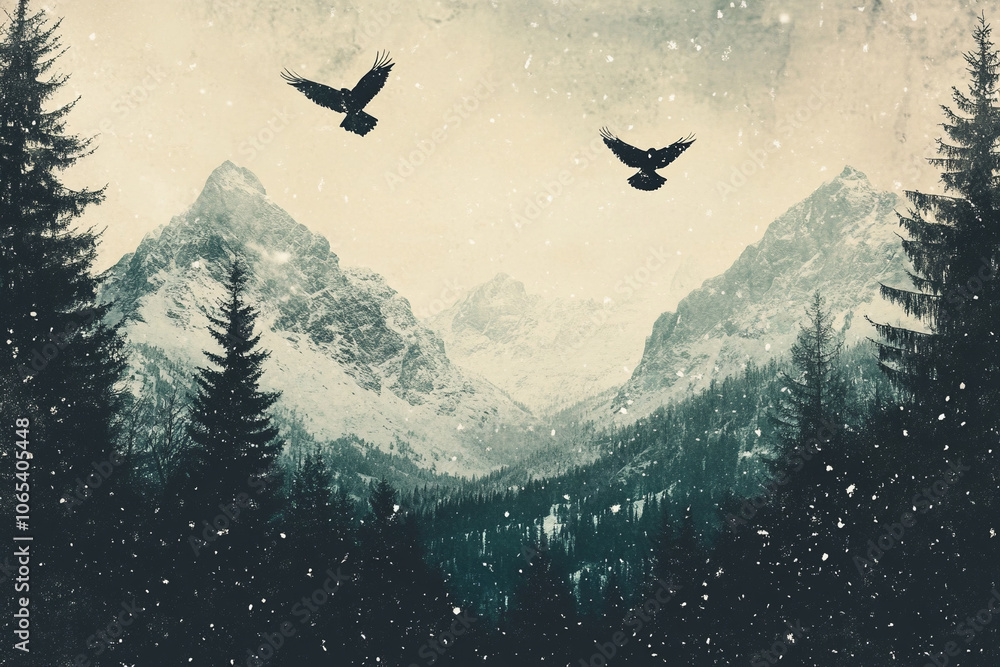 Fototapeta premium Illustration of serene winter landscape with snow-covered fir trees