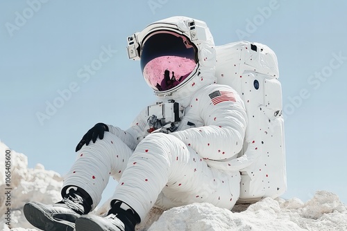 Astronaut sitting on rocky terrain in space-themed landscape with reflective visor photo